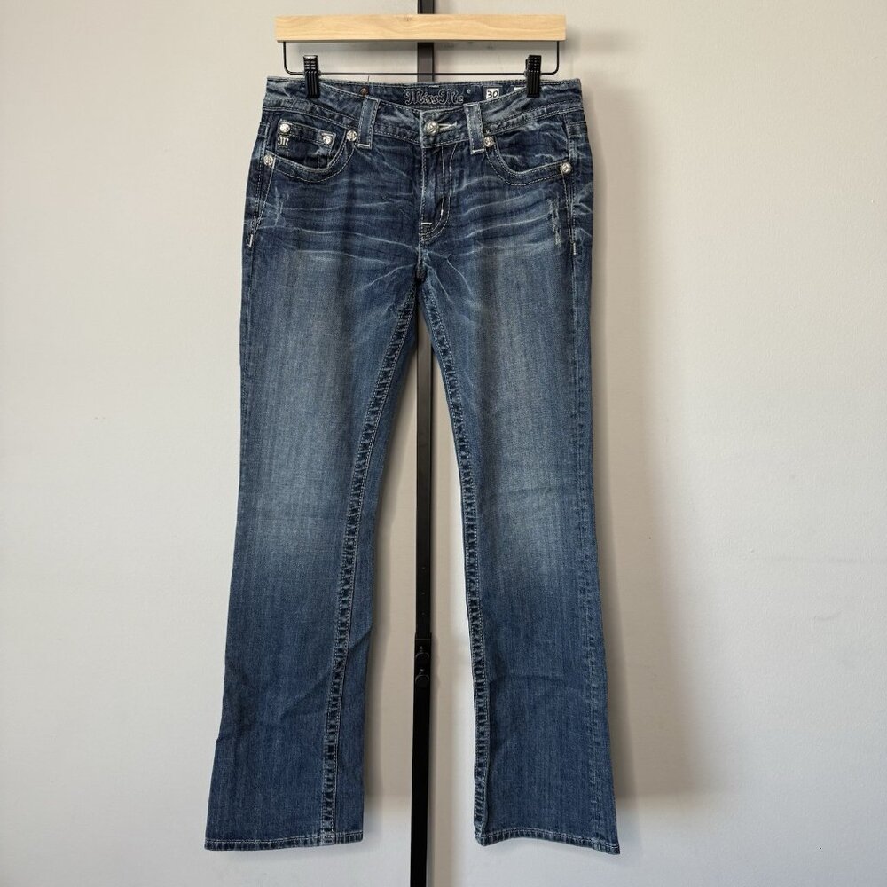 Miss Me Jeans Size 30 Low Rise Bootcut Style JP5748B Fleur de Lis Pocket Y2K